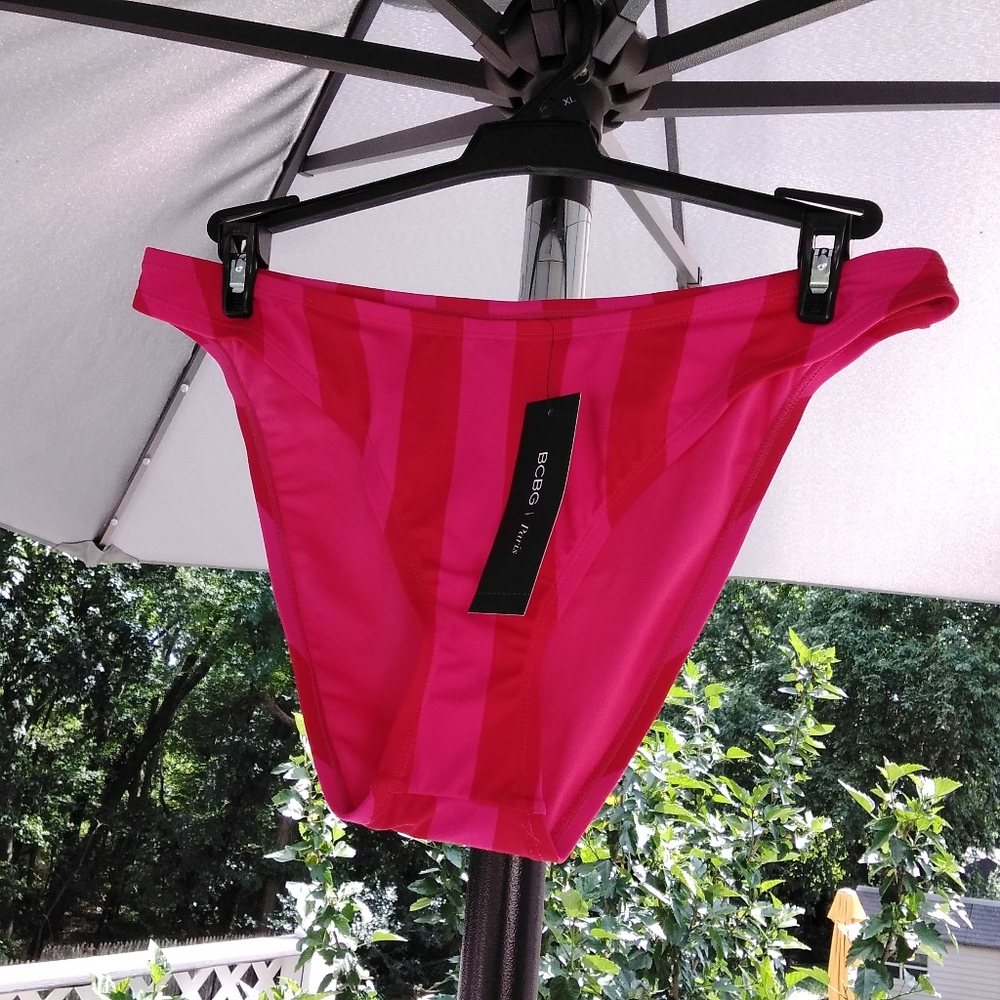 BCBG Paris Women's Pink Stripe Scoop Bikini Bottom Swimwear Size XL